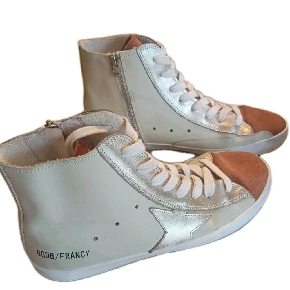 Golden Goose Francy Cream/Brown/Silver Side Zip Leather Toe Tongue- Size 10
